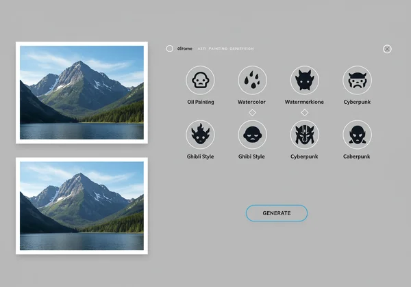 Interface of an AI painting generator showing upload and styles.