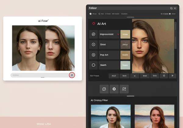 Fotor-like interface applying AI filter to a portrait.