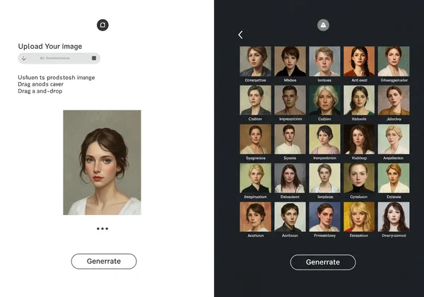 Screenshot of an AI art generator interface with upload and style choice.