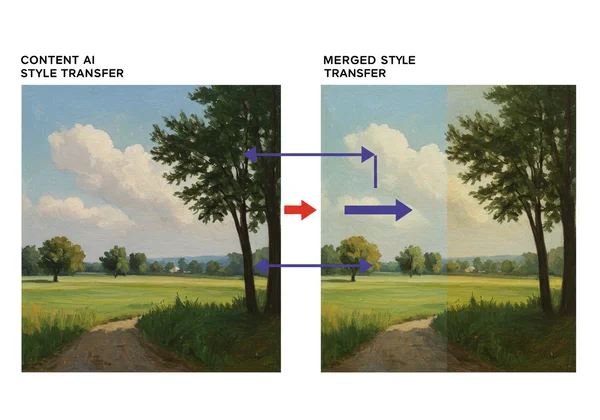 Diagram showing AI style transfer from photo to art style.