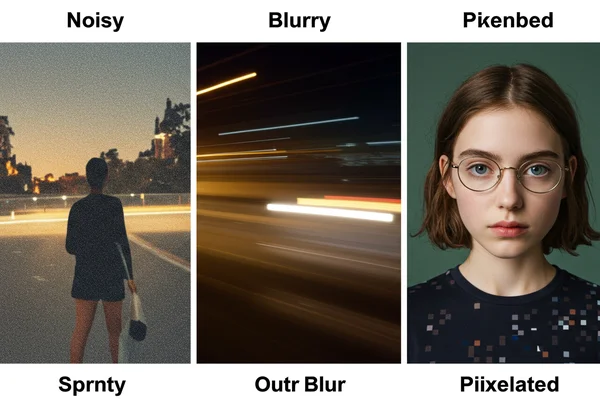 Examples of noisy, blurry, and pixelated photo issues