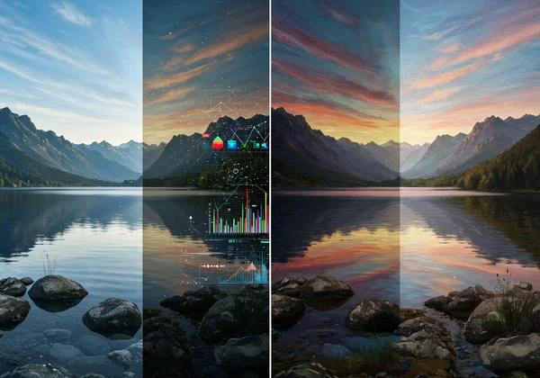 AI analyzing image data: photo to abstract data points to art