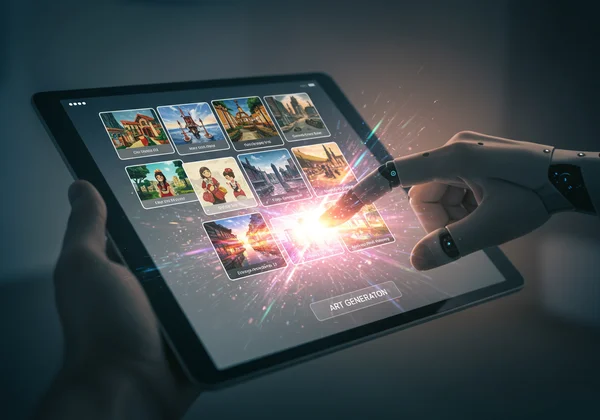 Hand interacting with an AI art generator interface