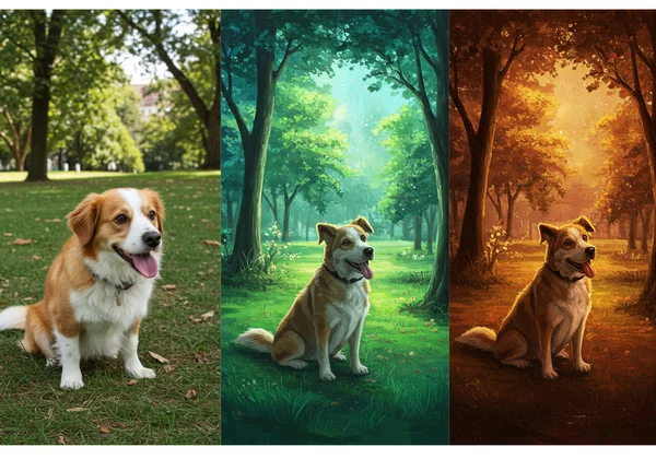 Dog photo transformed into Ghibli, oil painting, cyberpunk