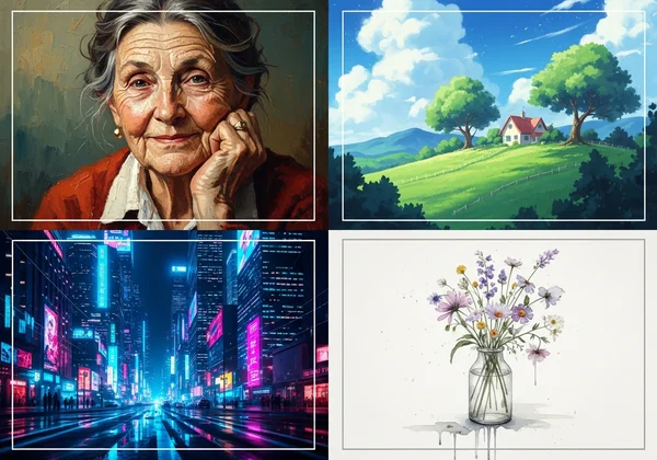 Collage showcasing diverse AI art styles examples