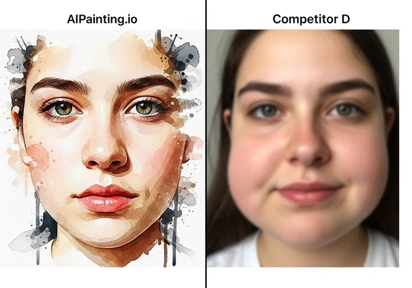 Side-by-side AI painting quality comparison, AIPainting.io vs D.