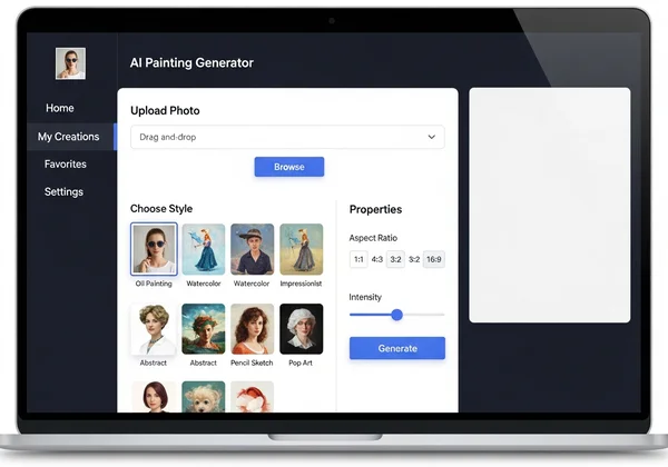 AI art generator interface with photo upload and style options