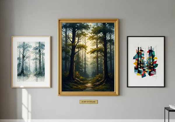 Gallery wall with diverse AI-generated art styles