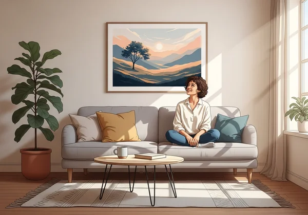Woman admiring personalized AI art on her living room wall