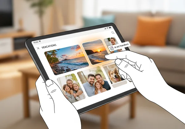 Hand selecting a photo on a tablet for AI art conversion