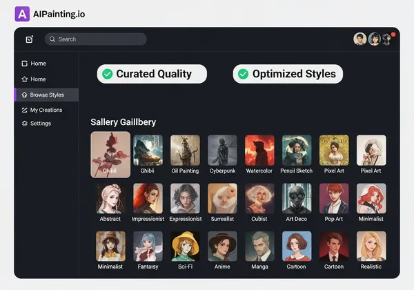 Curated AI painting styles database interface
