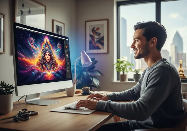 User happily viewing AI generated artwork on screen