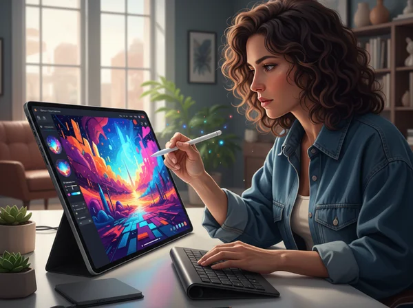 Artist using AI painting software on a tablet